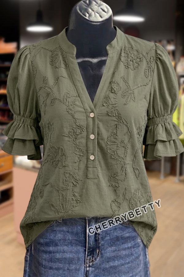 Elegant Flower Embroidered V-Neck Puff Sleeve Top