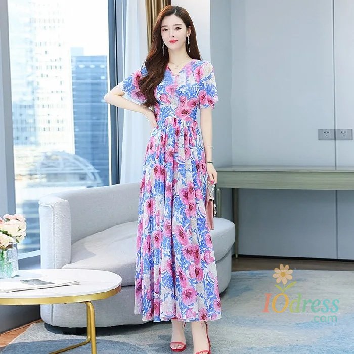 IO Dress Elegant Slimming Long Dress Printing Fragrant Flowers Summer New Plus Size Mother's Attire Fashionable Waist-Fitted Big Splash