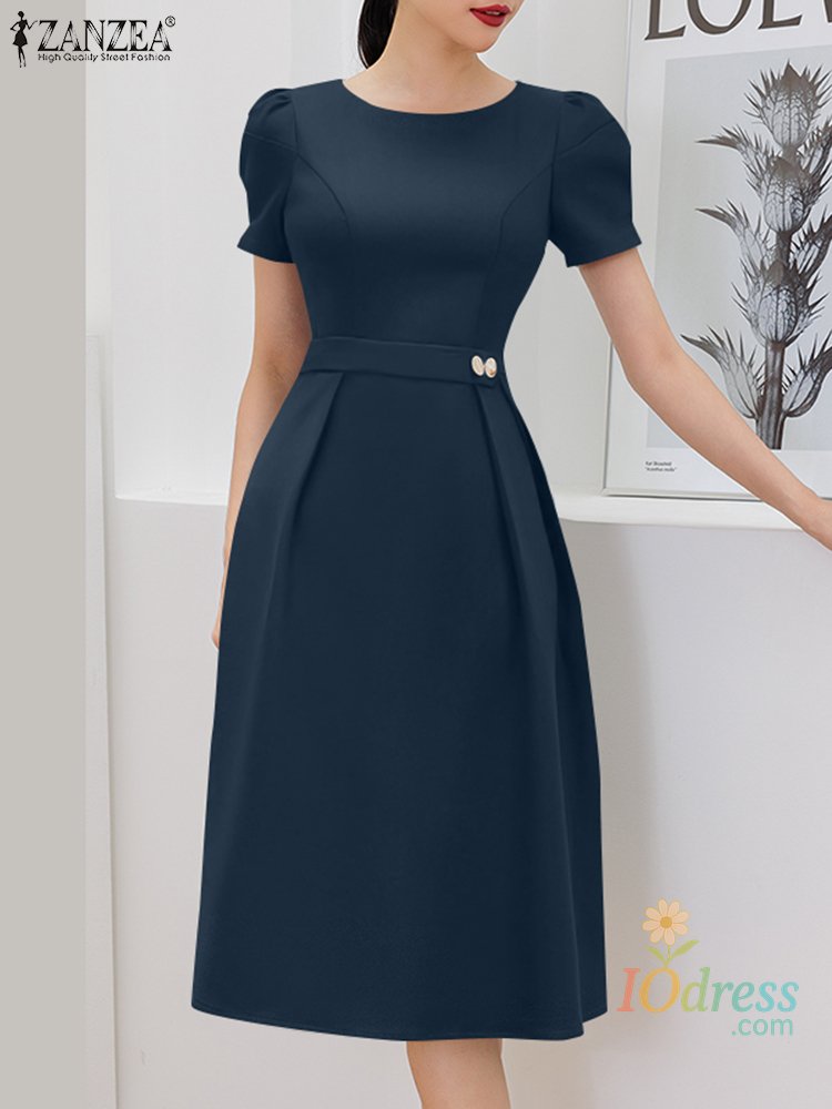 IO Dress Shop Office Women Dresses 2025 Fashion Summer Dress Elegant O Neck Short Sleeve Work Midi Vestido Stylish Solid Party Sundress