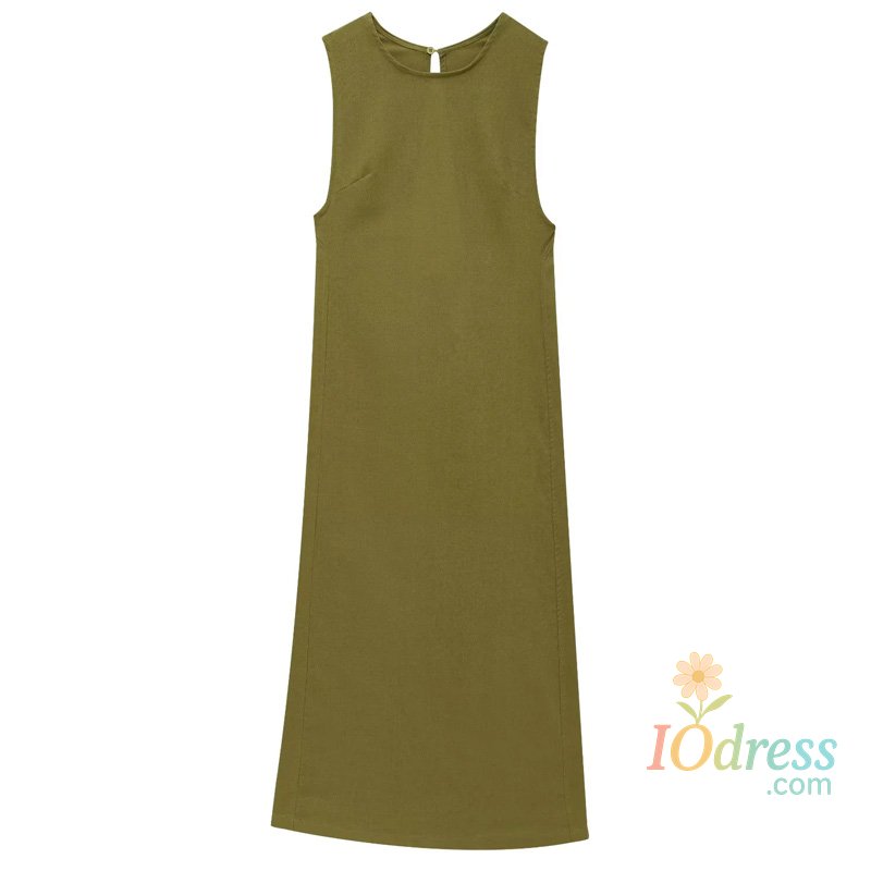 IO Dress TRAF Green Long Dresses 2025 Woman Sleeveless Summer Linen Dress Cut Out Backelss Midi Dress Elegant Women's Dresses 088
