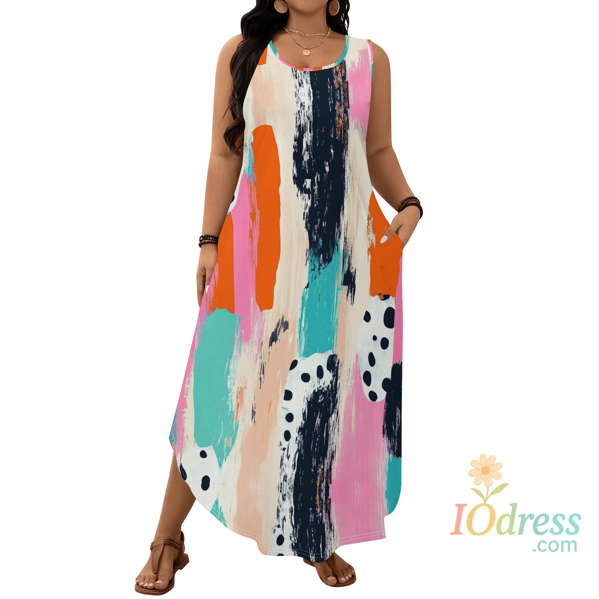 IO Dress Plus Size Brushstroke Print Maxi Dress XL-6XL Earth Tone Sleeveless Style for Autumn Brunch, Art Walk or Everyday Look