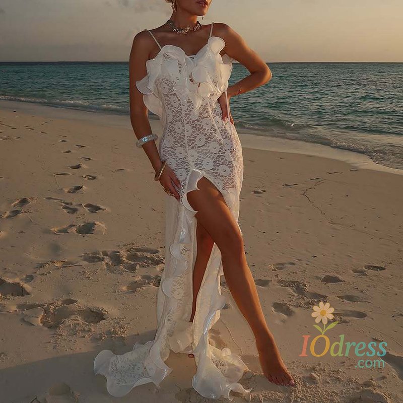 IO DressNew Lace Split Slim Fit Women's Long Dress Ruffled Off Shoulder Straps Summer Dress Sexy Hollow Out Backless Solid Beach Dresses