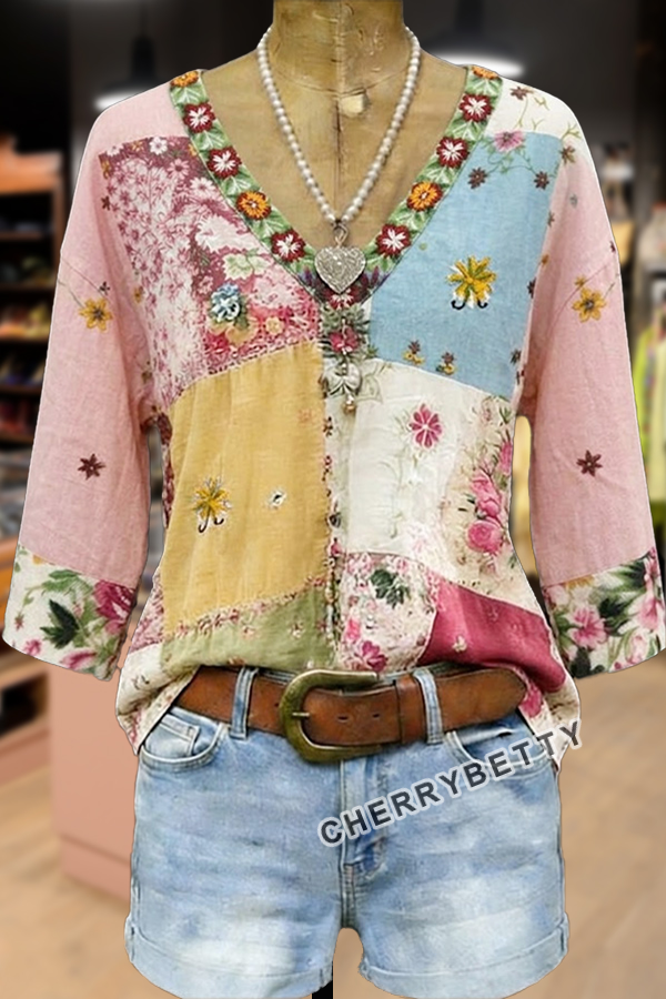 Retro Floral Print V-Neck Short Sleeve Top
