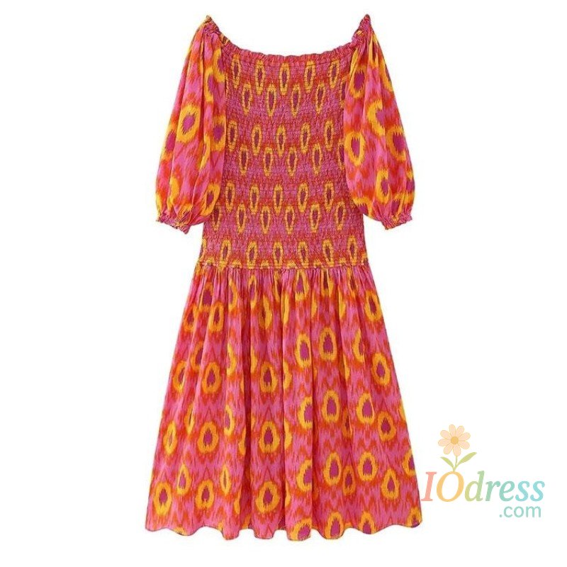 IO Dress Women Summer Party Holiday Lady Streetwears Print Ruffle Pleated Long Dress Fashion Off Shoulder Puff Sleeve Midi Dresses Casual