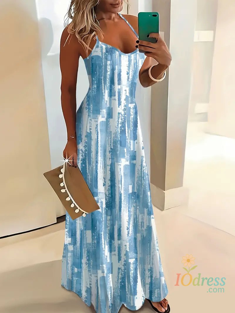 IO Dress Women's Casual Loose V Neck Spaghetti Straps Elegant Floral Print Maxi Dress Summer Beach Seaside Resort Style Slip Dress