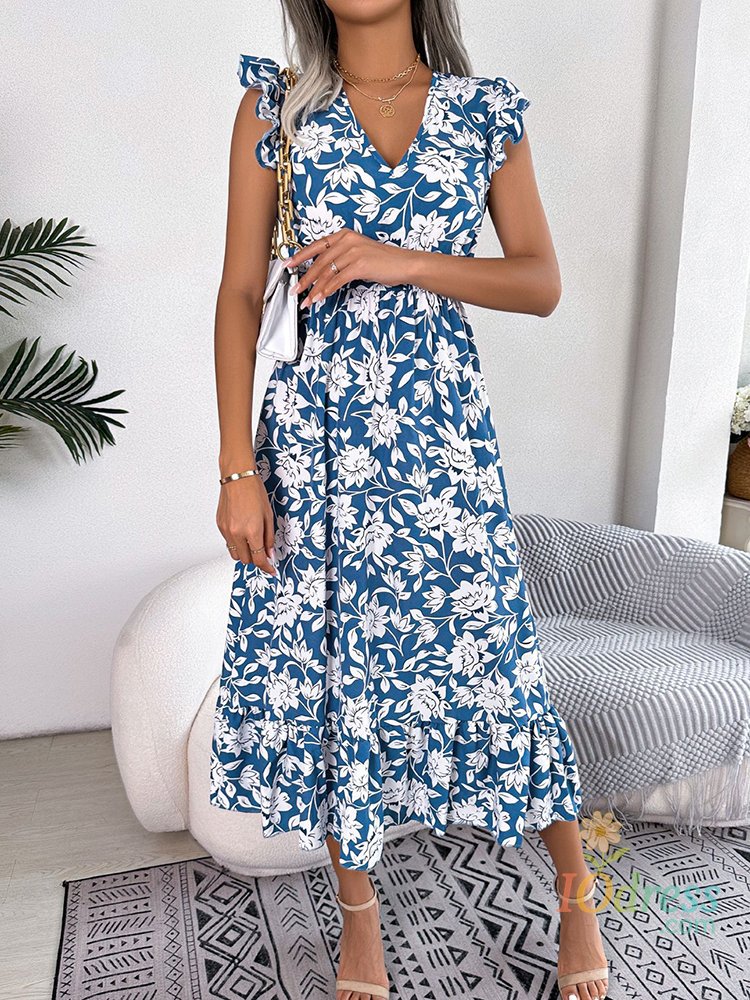 IO Dress Summer Floral Midi Dresses For Women Casual Sleeveless Ruffle Holiday Beach Dress Fashion White V Neck New In Dresses 2023