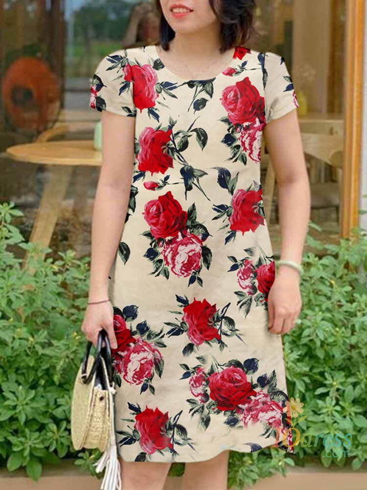 IO Dress Bohemian Floral Printed Dress choice Women Summer Sundress Short Sleeve Casual Beach Vestidos Vintage Holiday Knee-length Robe