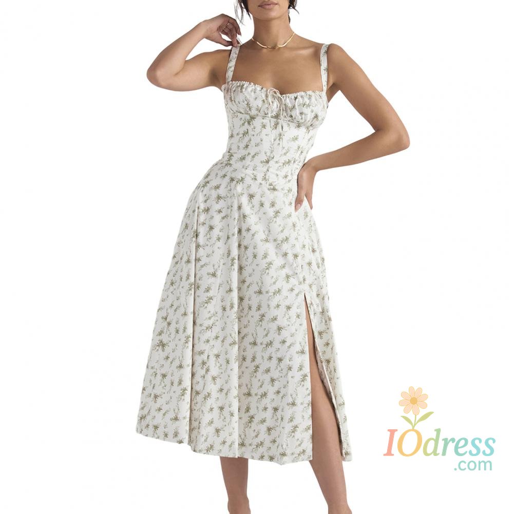 IO Dress Sleeveless Party Dress Elegant Lace-up Bandeau Floral Print Midi Dress with Corset Design Side Split Hem Women's Slim for Women
