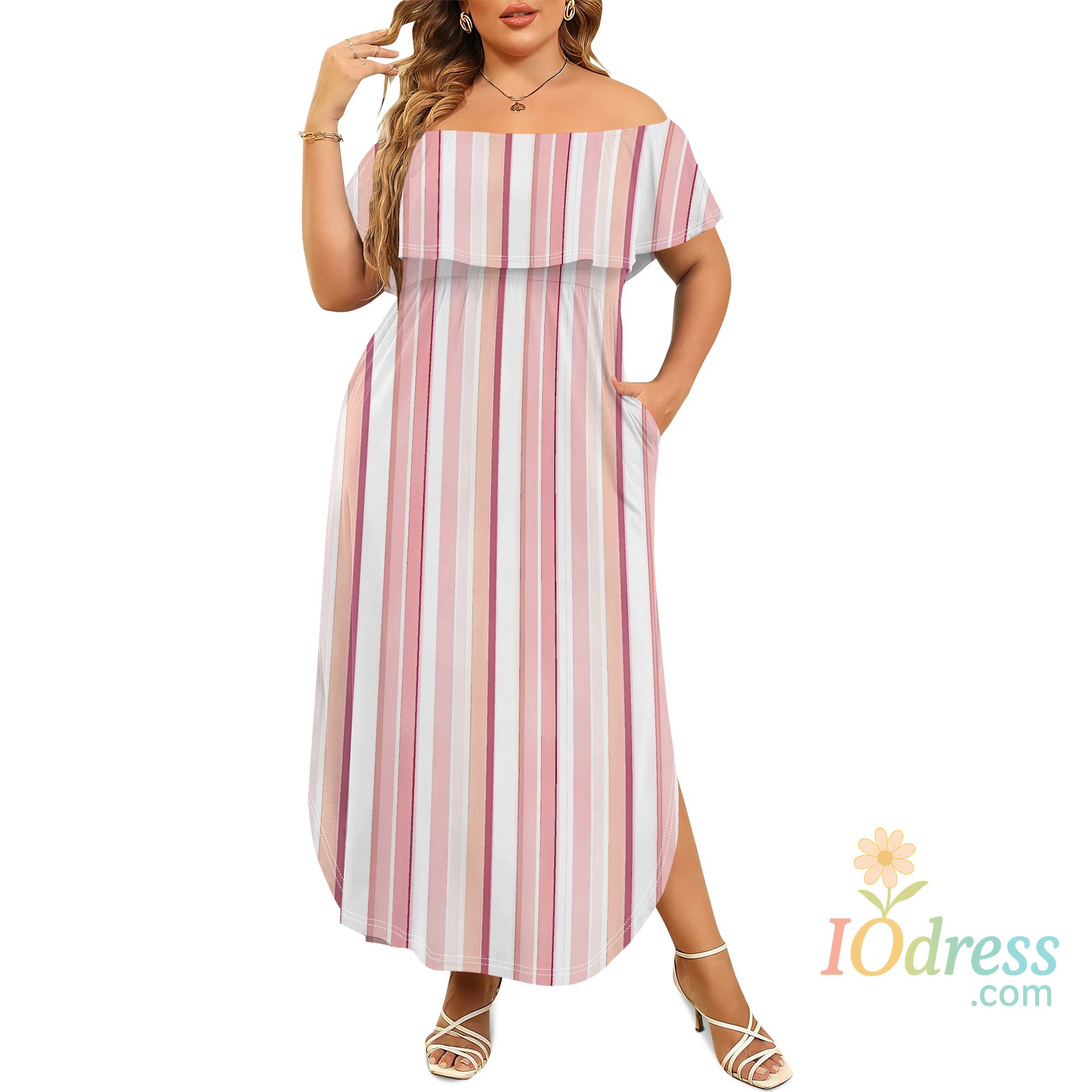 IO Dress EQQZD Plus Size Side-Slit Maxi Dress, Simple Striped Print One-Shoulder Dress with Pockets