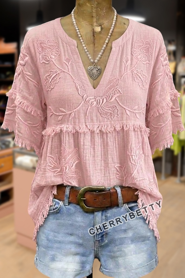 トップス cherryboy407 Sweet Flower Jacquard V-Neck Frayed Hem Cotton Top