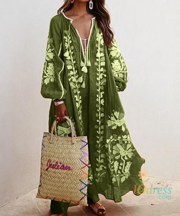 IO Dress Boho Elegant Print Long Dress For Women Loose Casual V Neck Lace Up Big Hem Long Style Dresses 2024 Fashion New Lady Robe