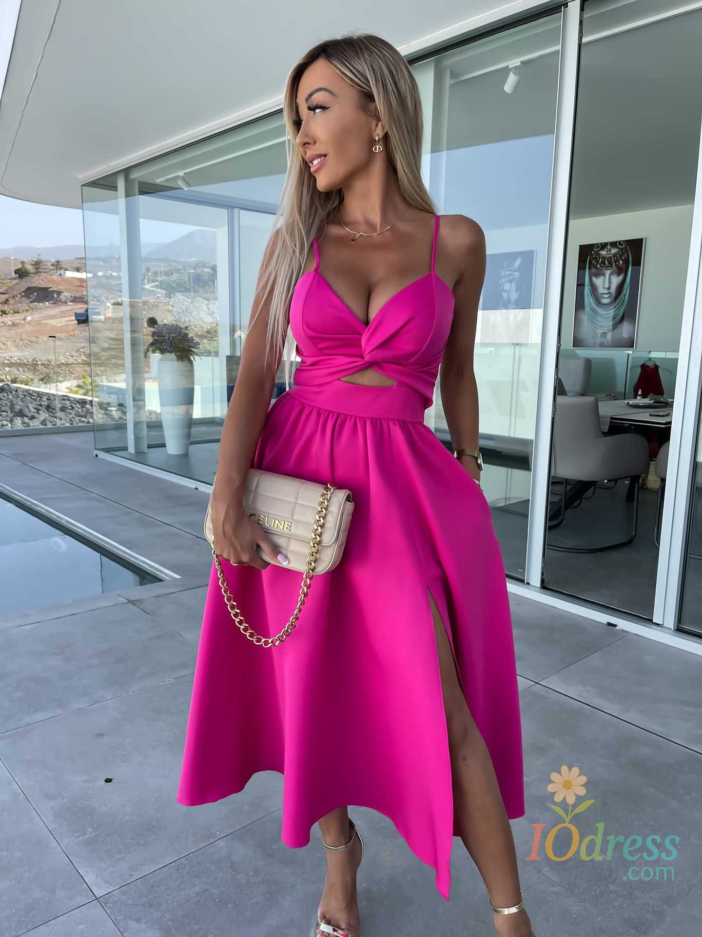 IO Dress 2025 Summer New Print Spaghetti Strap Dresses Women Sexy Deep V-neck Hollow Out Slit Dress Female Vacation Style Long Vestidos