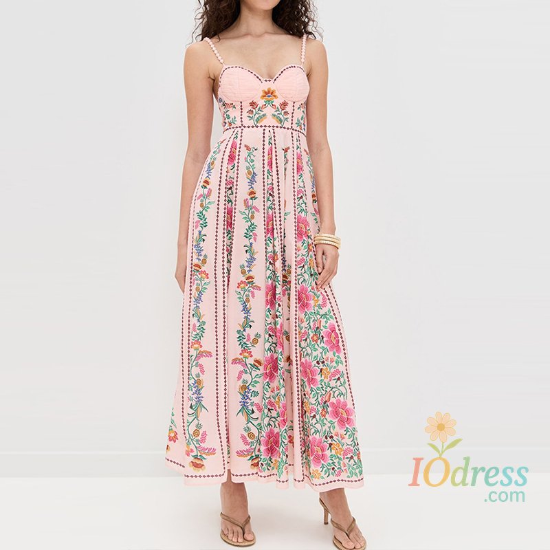 IO Dress Summer High Waist Pleat Floral Printed Evening Dress Lady Low Cut Backless Banquet Dress Garden Party Tube Top Long Dress Women
