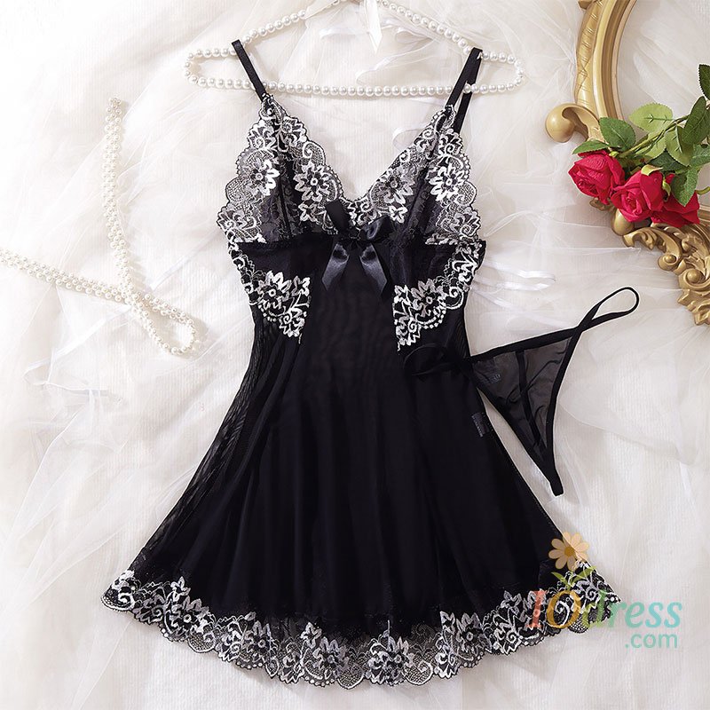 IO Dress Transparent Thin Style G-string Lace Ruffle Trim Lingerie Set Women Nightgowns Sleeveless Sleepwear Sexy V-Neck Bra Panty Sets
