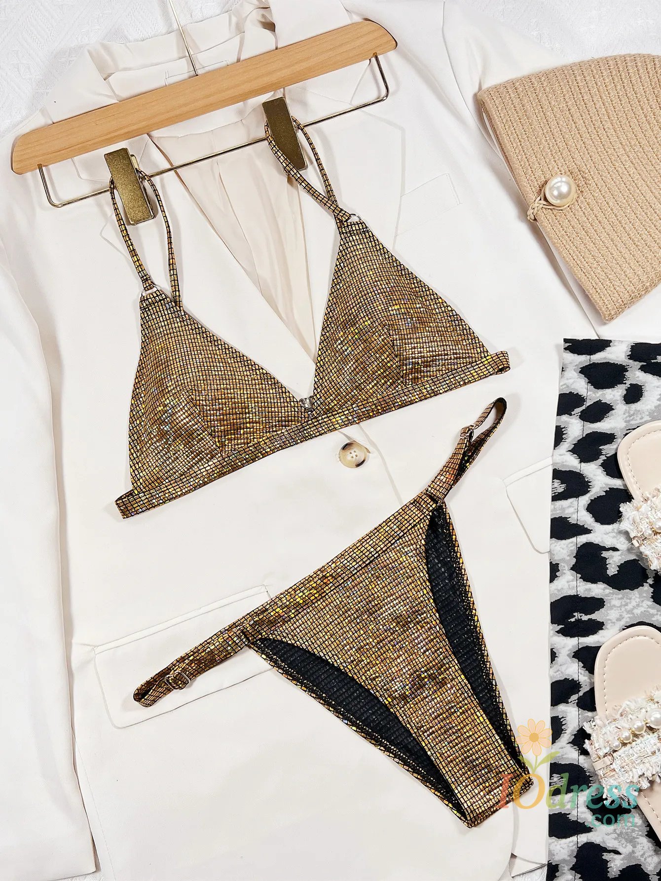 IO Dress sexy glitter gold sequine metal ring bikinis sets two pieces thong swimsuit swimwear women beach outfits biquini tankini