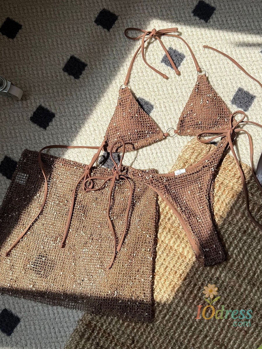 IO Dress With Mesh Sarong Skirt Halter Bikini Women Swimwear Female Swimsuit Three-pieces Bikini Set Fishnet Bathing Suit Swim Beachwear
