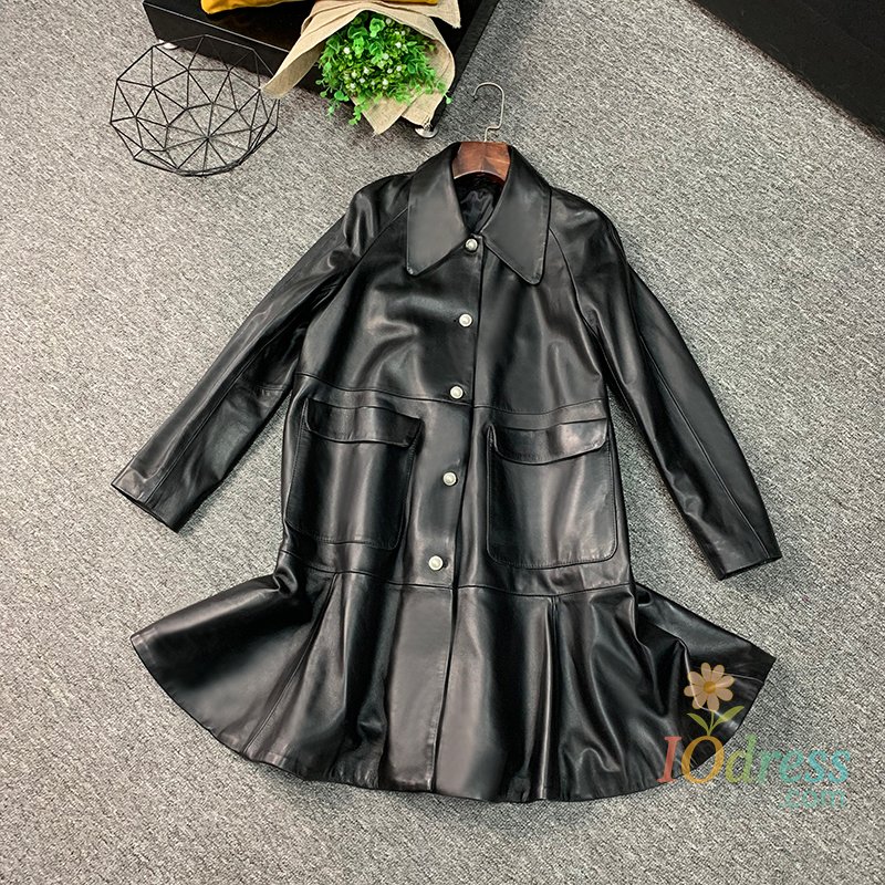 IO Dress Women Sheepskin Ruffle Dress Designer Single Breasted Slim Trench Coat Autumn Winter New Vintage A-Line Real Leather Dress