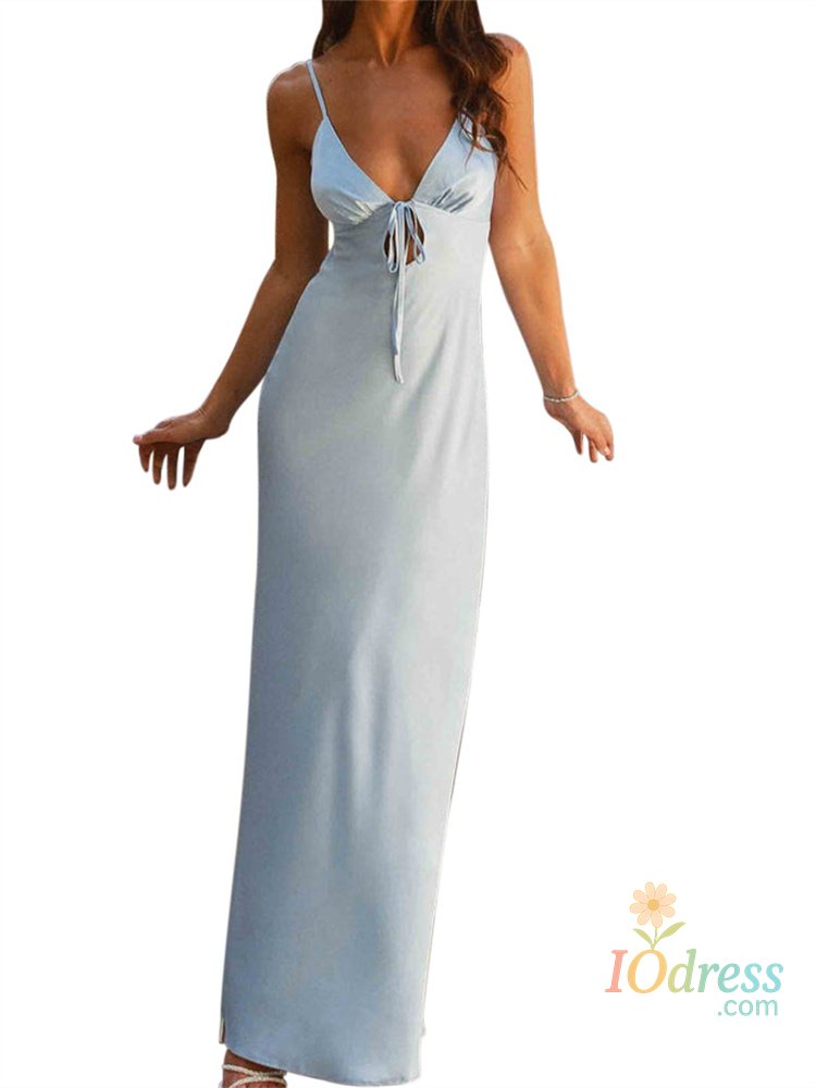 IO Dress CHRONSTYLE Women Dresses Solid Color Sleeveless Strap V-neck Front Tie-Up Backless Long Dress Summer Slim Casual Female Vestidos