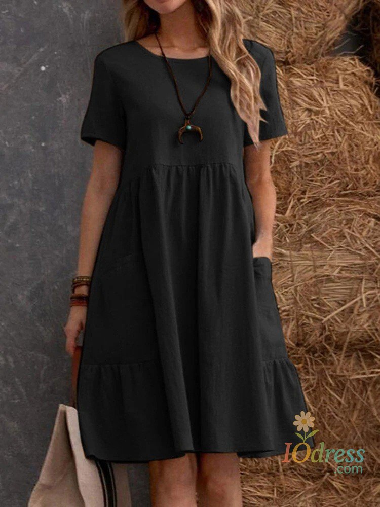IO DressCasual Loose Solid Color Short Dresses For Women 2024 Summer Simple A-Line Pocket Midi Dress Elegant Vintage Female Dresses
