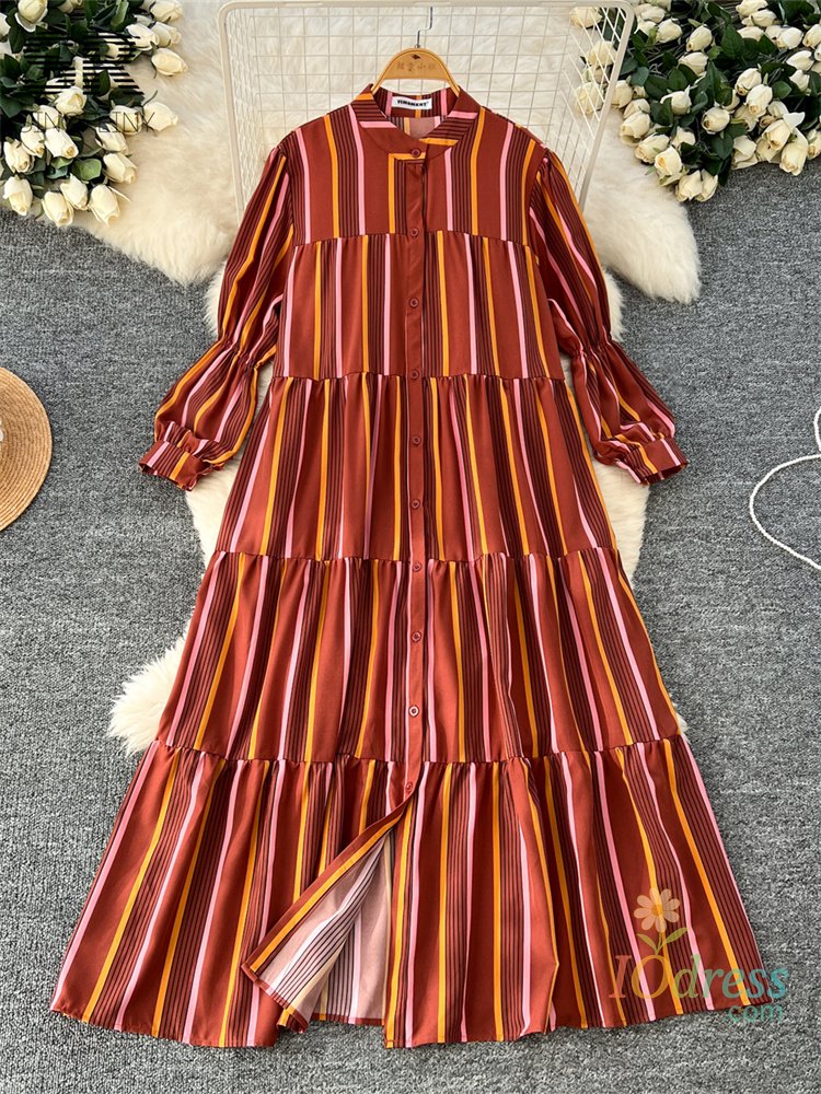 IO Dress SINGREINY 2025 Vacation Striped Loose Dress Female O Neck Single Breasted Lantern Sleeve Autumn Print Women's Maxi Shirt Dress