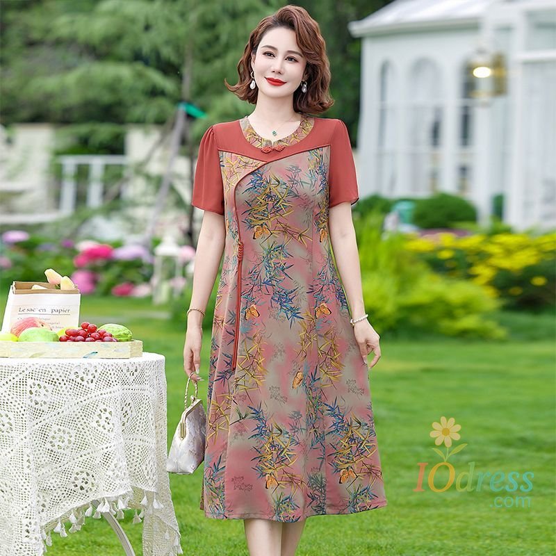 IO Dress Women's New Ice Silk Round Neck Button Printing Fashionable Versatile Casual Slim Short-sleeved Dresses