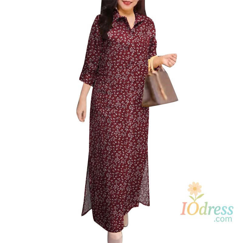 IO Dress ZANZEA Women Side Slit Vestidos 3/4 Sleeve Turn-down Collar Casual Floral Printed Maxi Dress Autumn Daily Commute Shirtdress