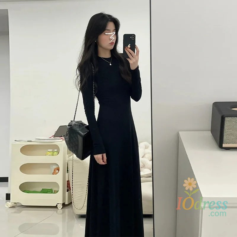 IO Dress Hebon Black Long Sleeve Base Dress For Women Elegant French Style Slim Fit Waist-Fitted Inner Long Dress Smooths Your Silhouette