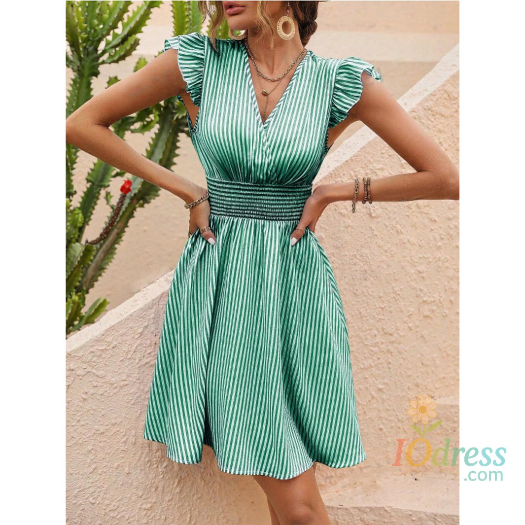 IO Dress Women's Dress 2025 New Women's Summer Dress Striped Butterfly Sleeves V-neck Casual Women Clothing Fashion Dresses Streetwear