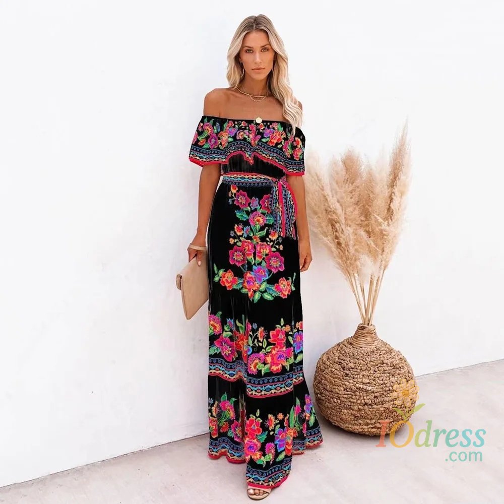 IO Dress 2024 New Independent Stand Amazon Off-Shoulder Red Flower Printing Long Dress Large Sweep Dress European Spring Summer Fashion