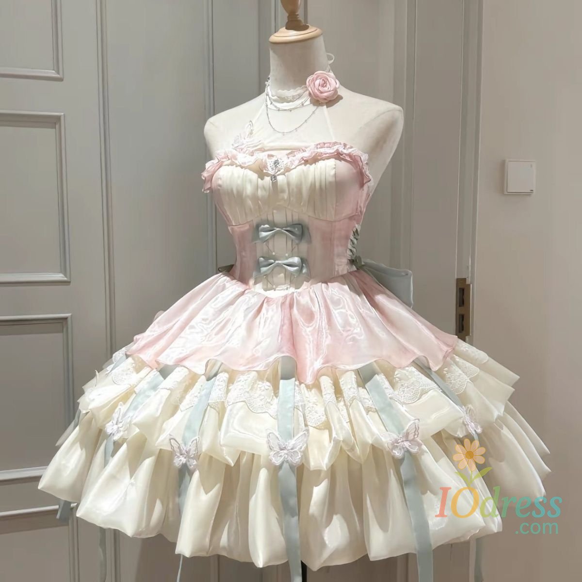 IO Dress Summer Sweet Lolita Y2k Mini Dresses Women Lace Patchwork Short Sleeve Elegant Bandage French Vintage Short Party Dress Female