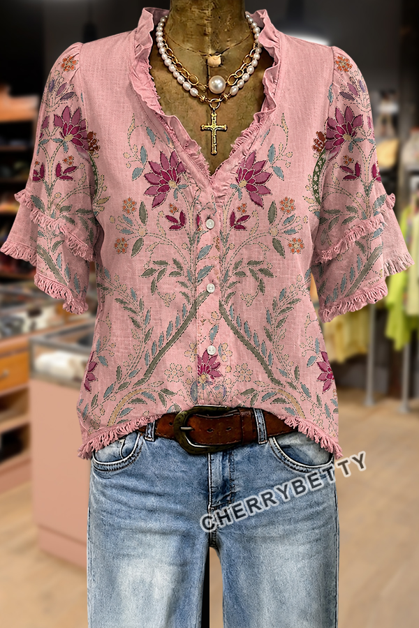 トップス cherryboy407 Retro Floral Print Ruffle Neck Frayed Hem Top