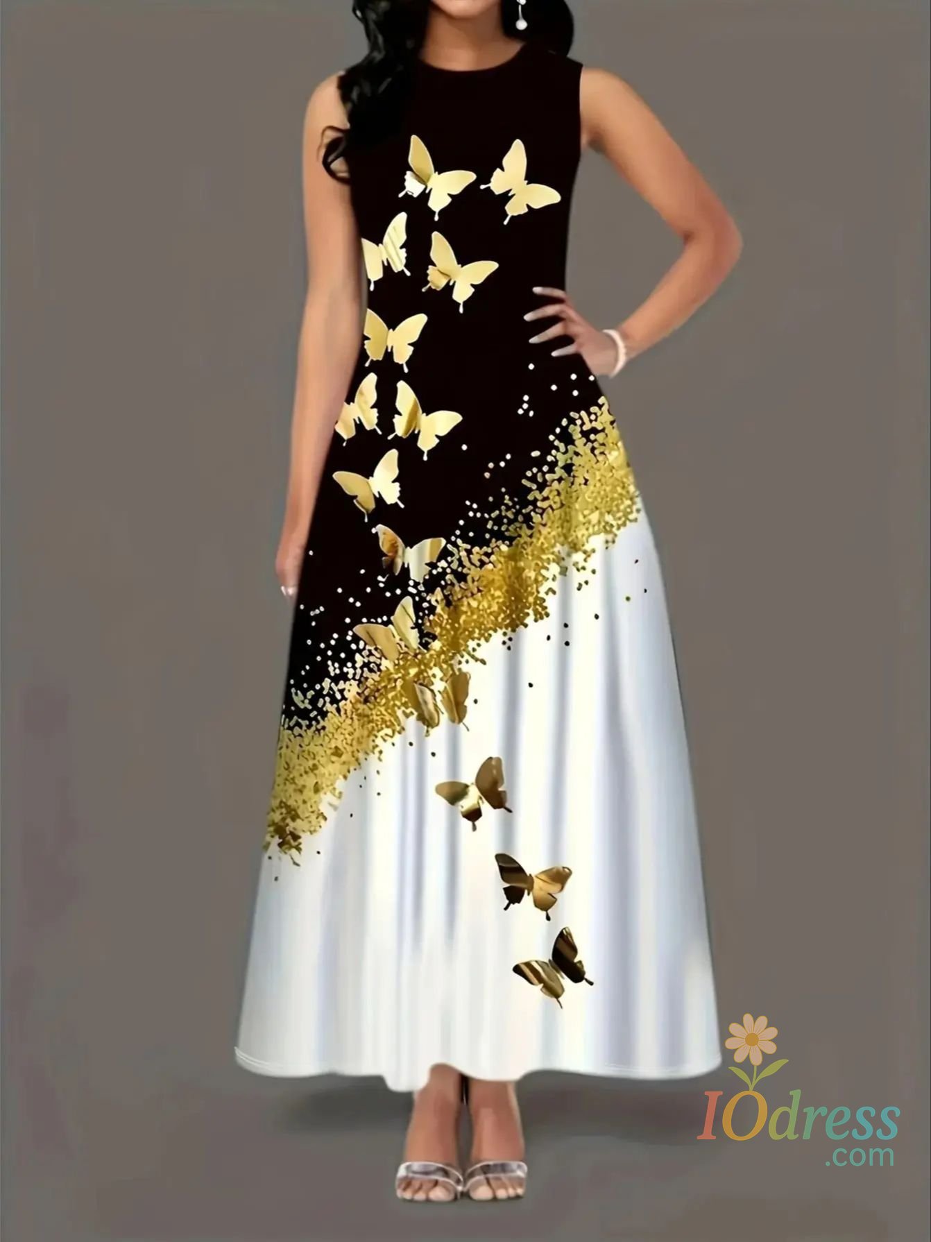 IO Dress Spring and summer hot-selling printed dress European and American butterfly print pocket round neck vest A-line long skirt