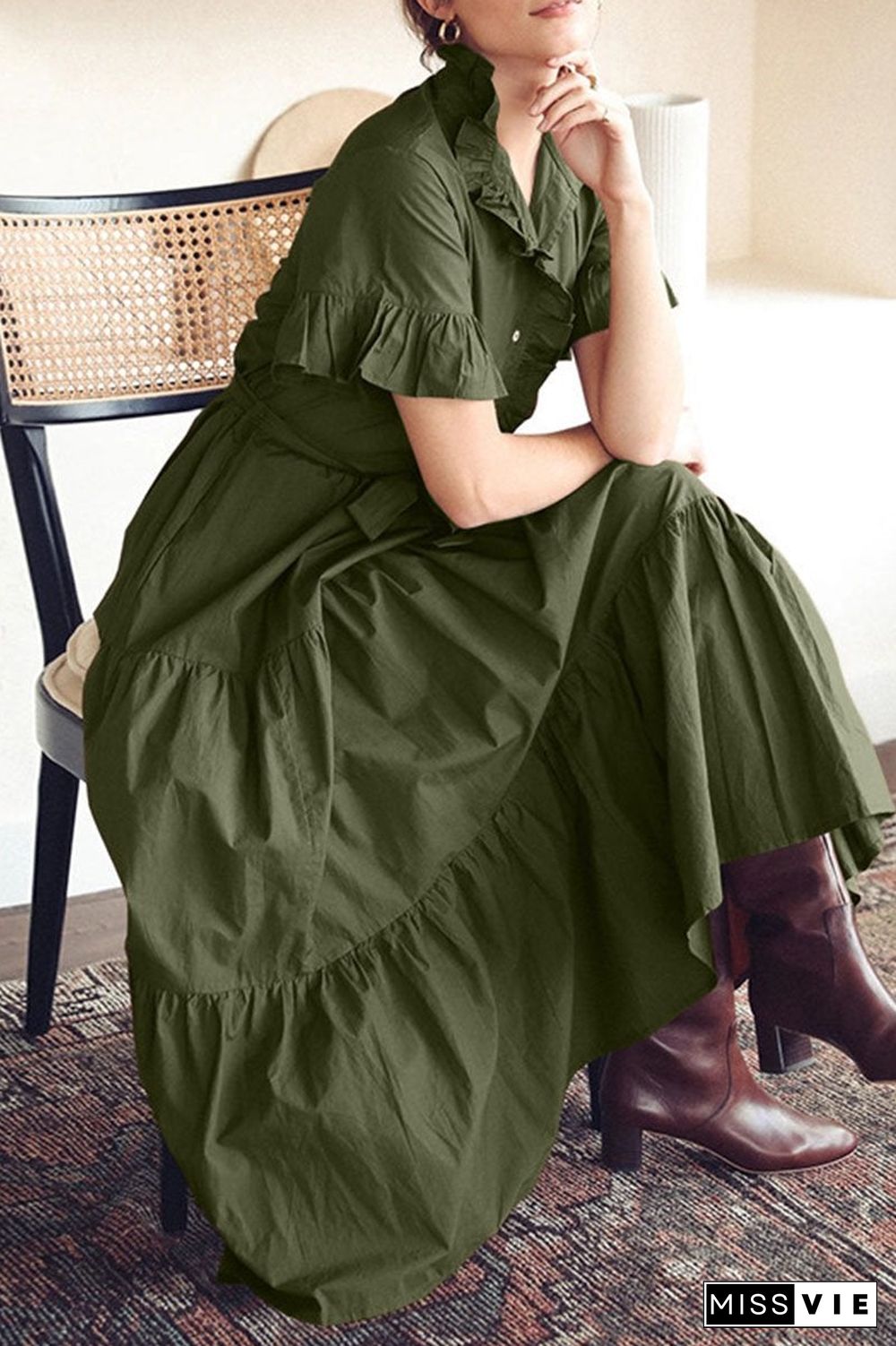 Fashion Casual Solid Split Joint Mandarin Collar A Line Dresses