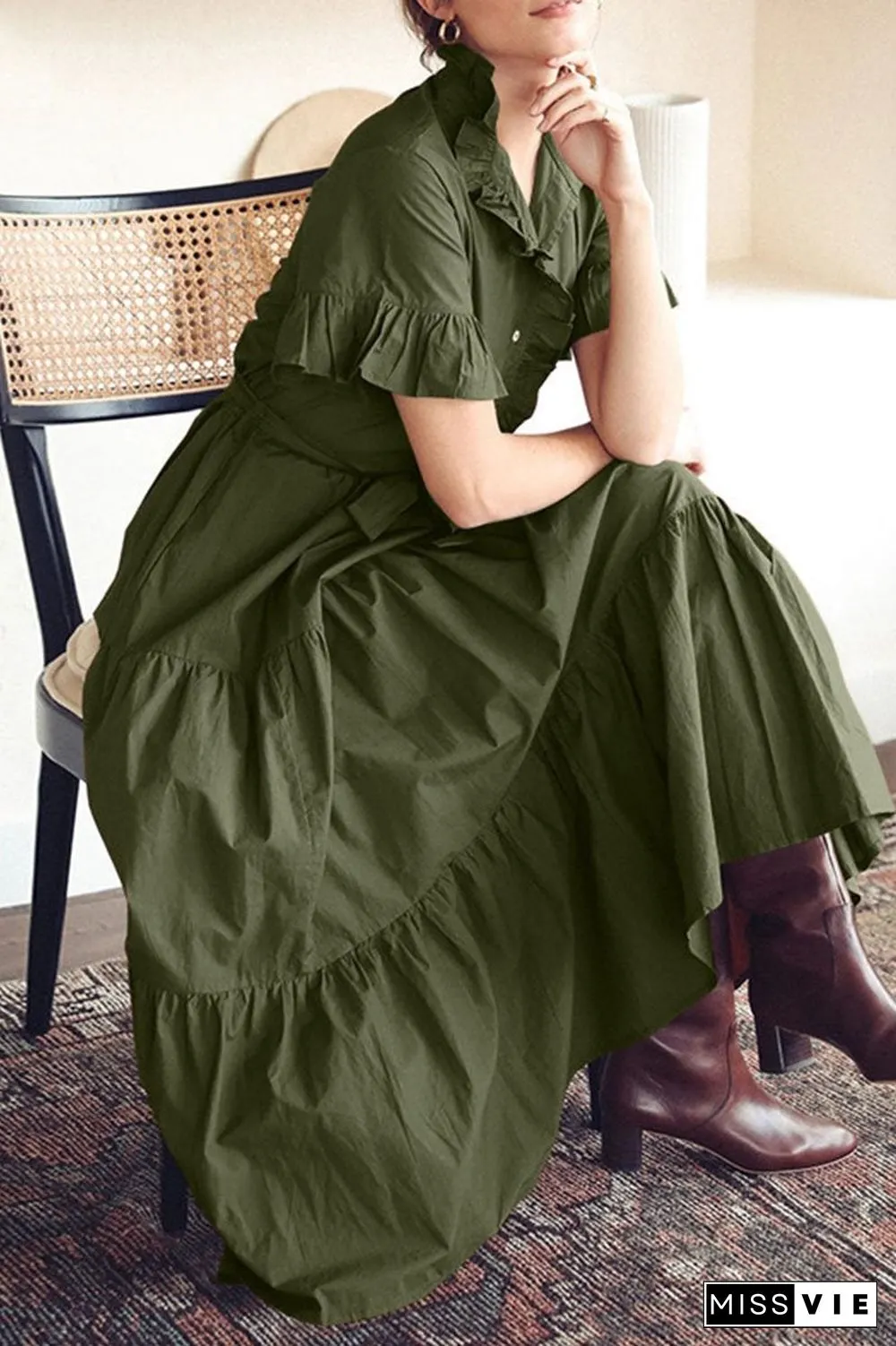 Fashion Casual Solid Split Joint Mandarin Collar A Line Dresses