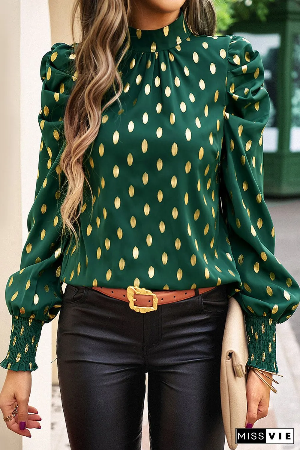 Elegant Polka Dot Fold Half A Turtleneck Tops