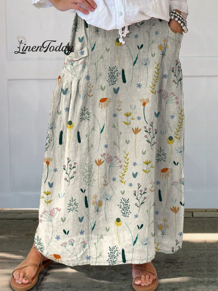 Women&rsquo;s Retro Floral Art Casual Linen Pocket Skirt Multicolor / S