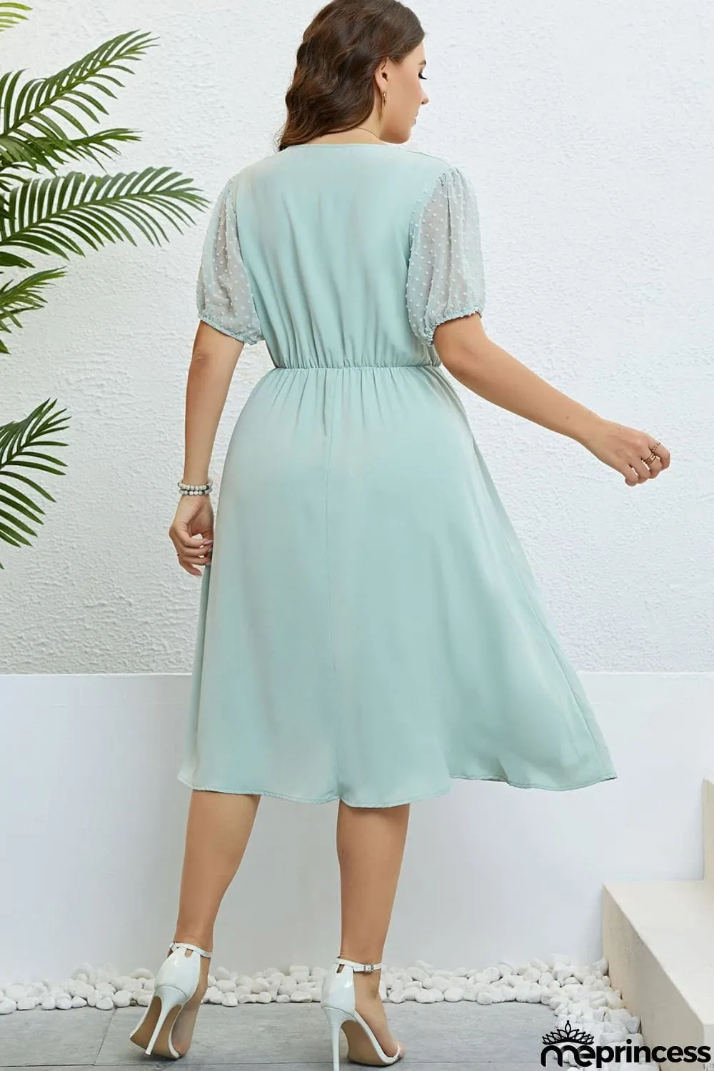 Swiss Dot Mesh Sleeve Buttoned Dress