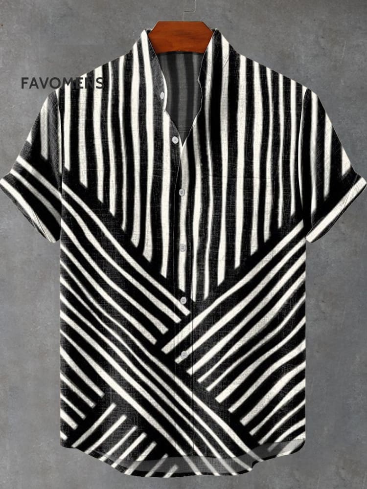 Irregular Black And White Stripes Vintage Print Casual 100% Cotton Shirt Multicolor / S