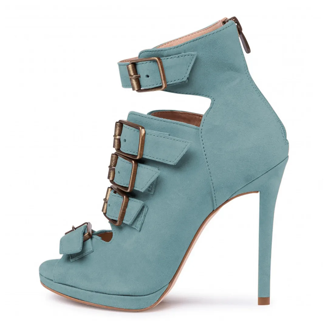 Blue Faux Suede Platform Back-Zip High Heel Gladiator Sandals
