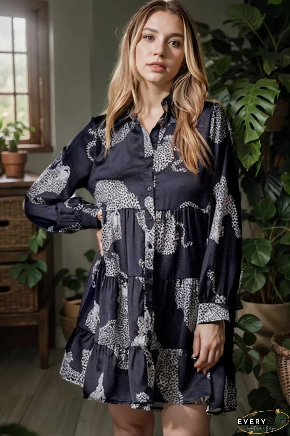 leopard print collared button up shirt dress with ruffled sleeves