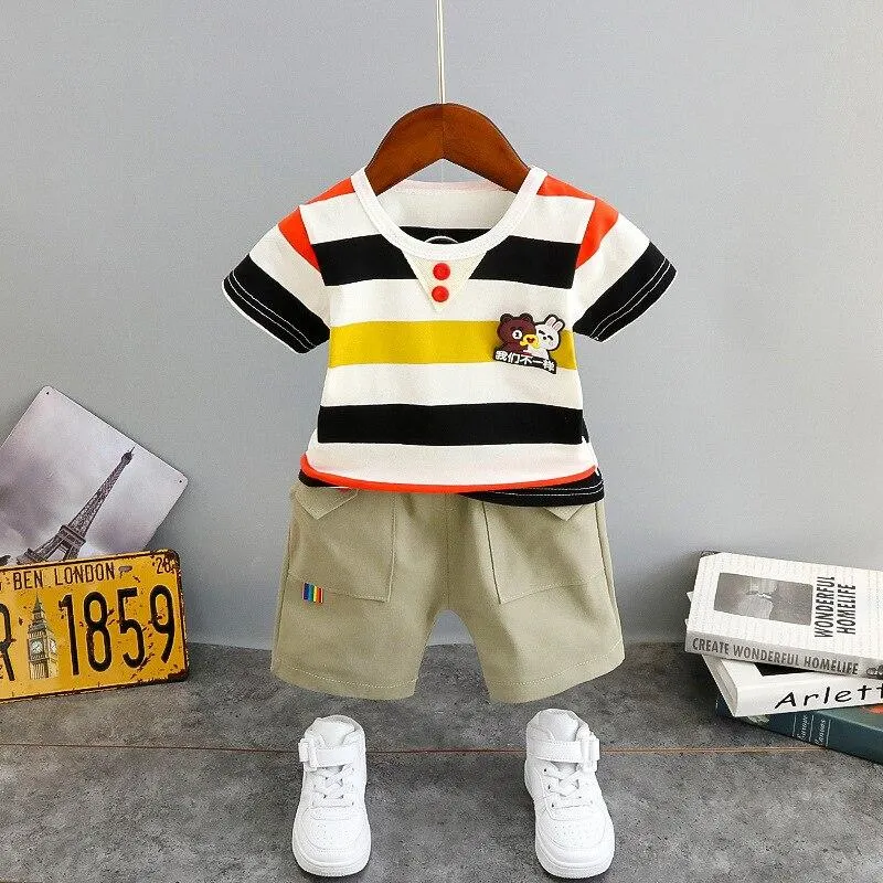 Summer Baby Boys Clothes Fashion Kids Cotton T-Shirt Shorts 2PCS/Set Striped Children Costume Toddler Outfit Letter