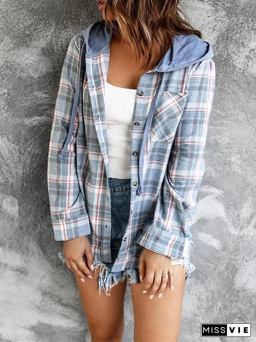 Oversizd Fit Button Up Hoodies Casual Multi Colored Hooded Flannel Shirt