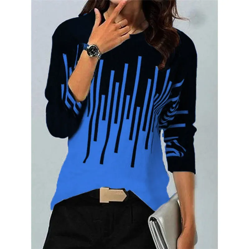 Brownm Loose Color Printed Round Neck Long Sleeve T-shirt