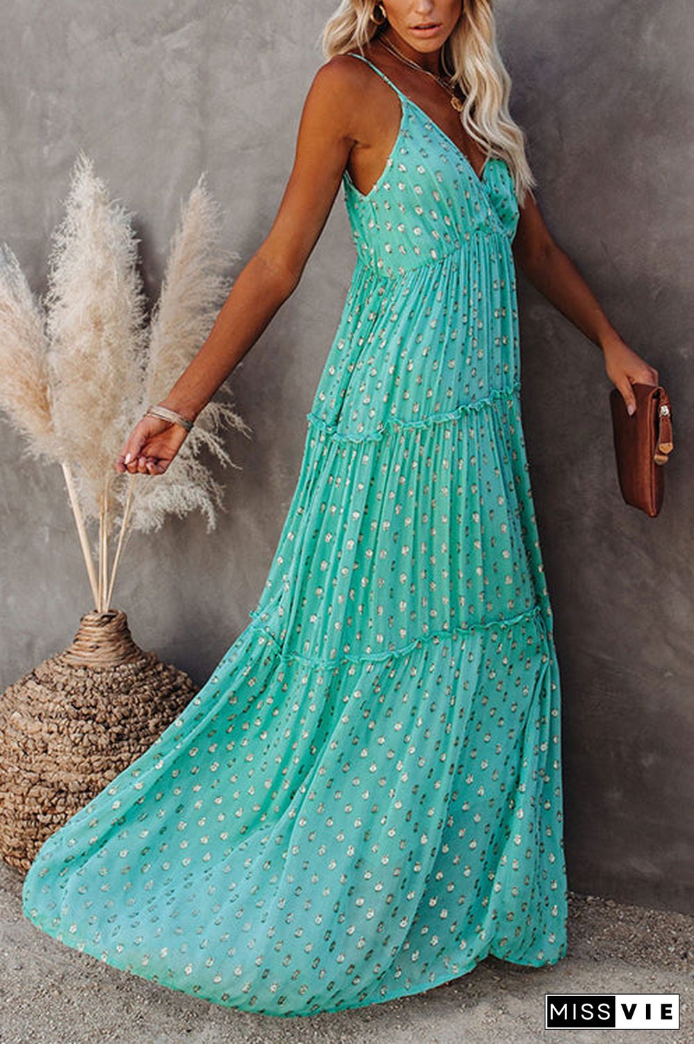 Vacation Mood Metallic Polka Dot Maxi Dress