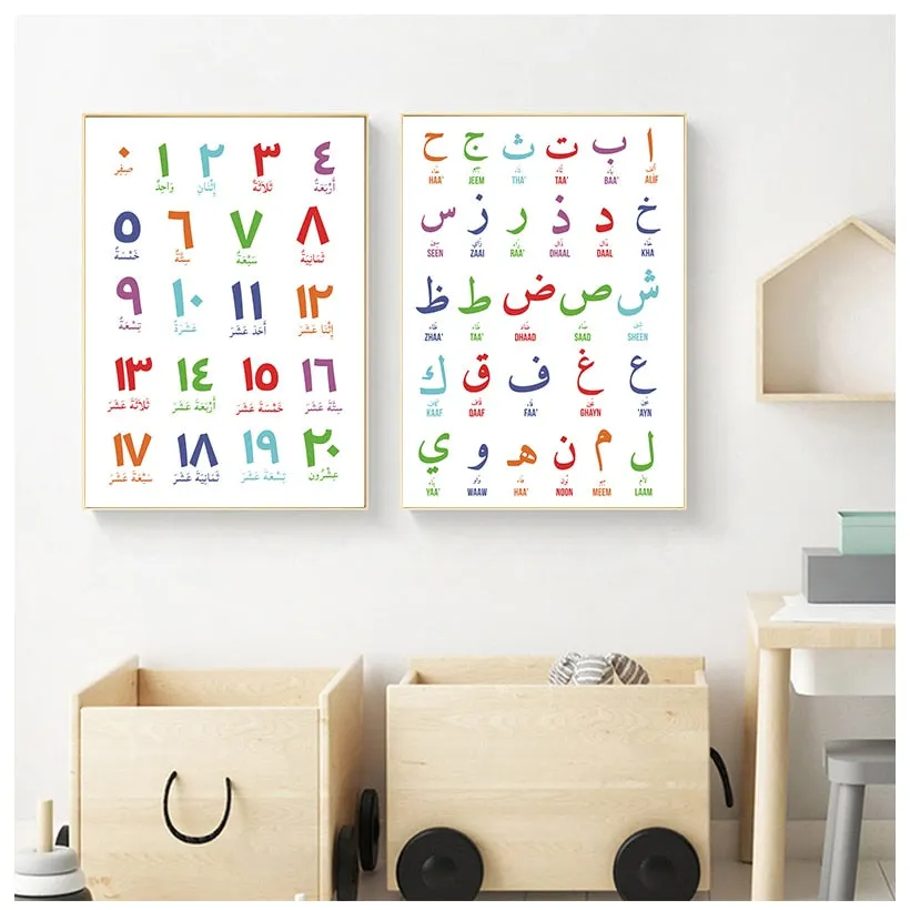 Arabic Islamic Wall Art Canvas Painting Arabic Letters Alphabets Numerals Poster Prints Nursery Kids Room Wall Art Decor