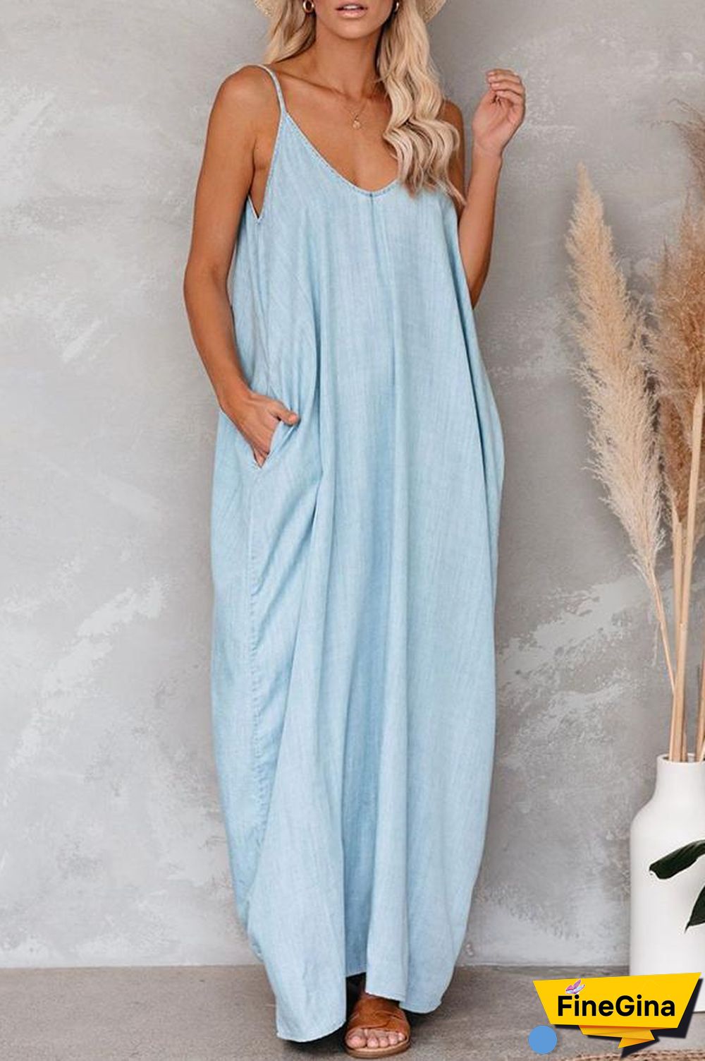 Casual V-neck Loose Sling Maxi Dress P10662