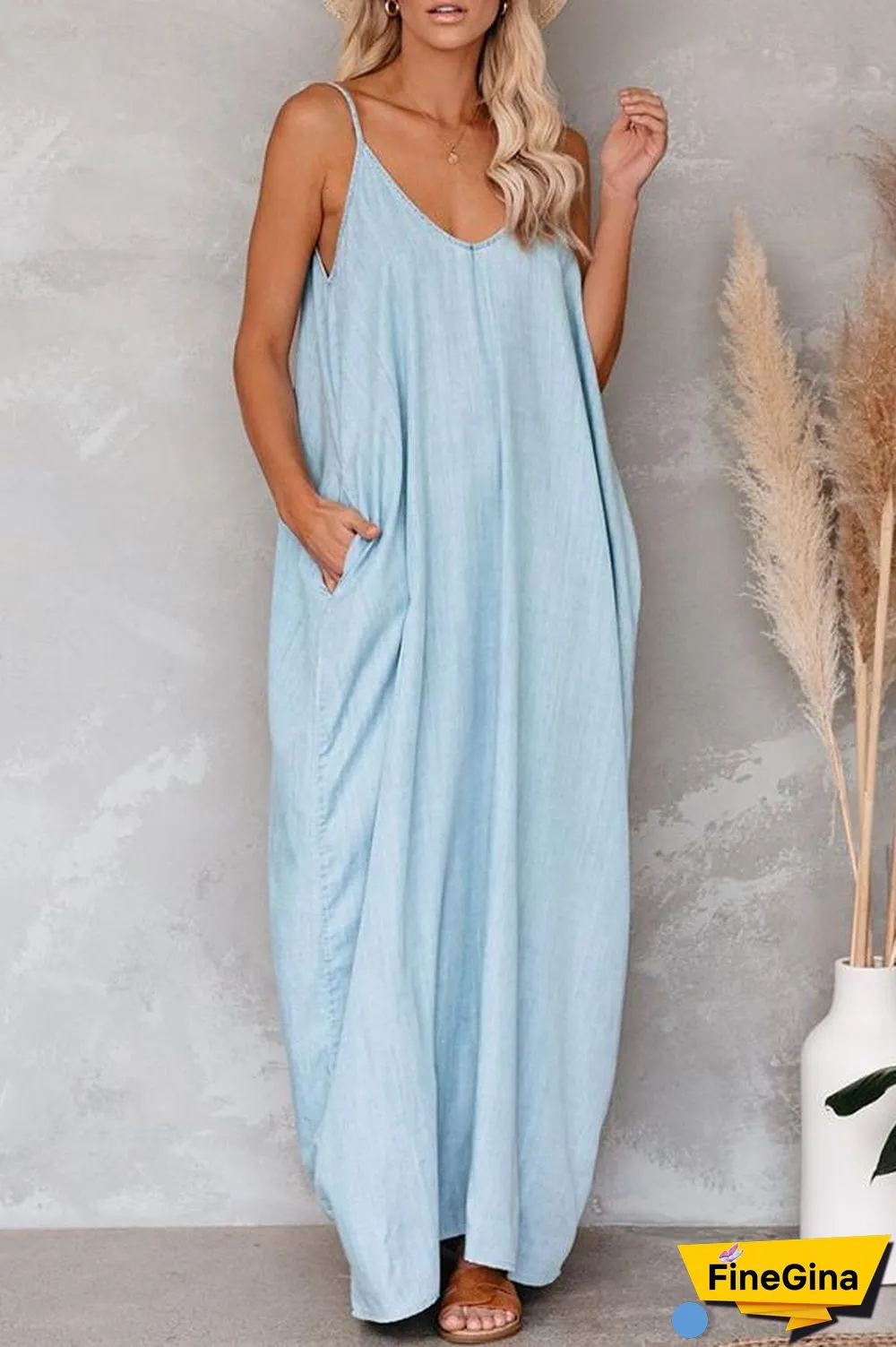 Casual V-neck Loose Sling Maxi Dress P10662