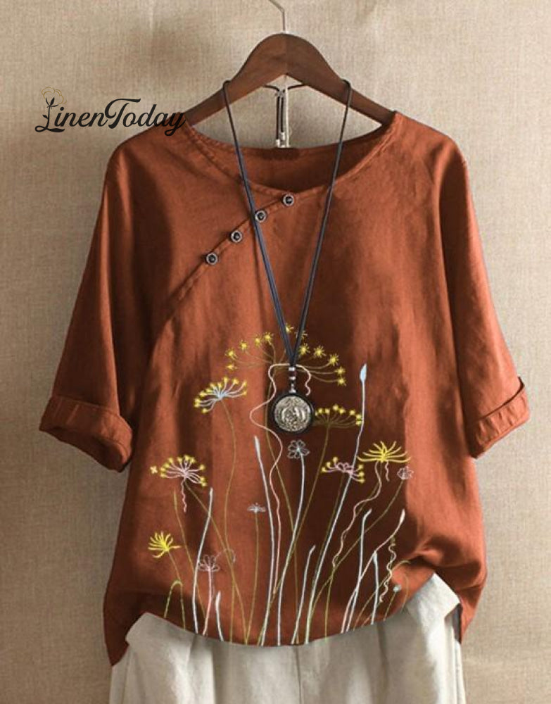 Women&rsquo;s Loose Vintage Linen Cotton Floral Print Plus Size T-Shirt Brown / S