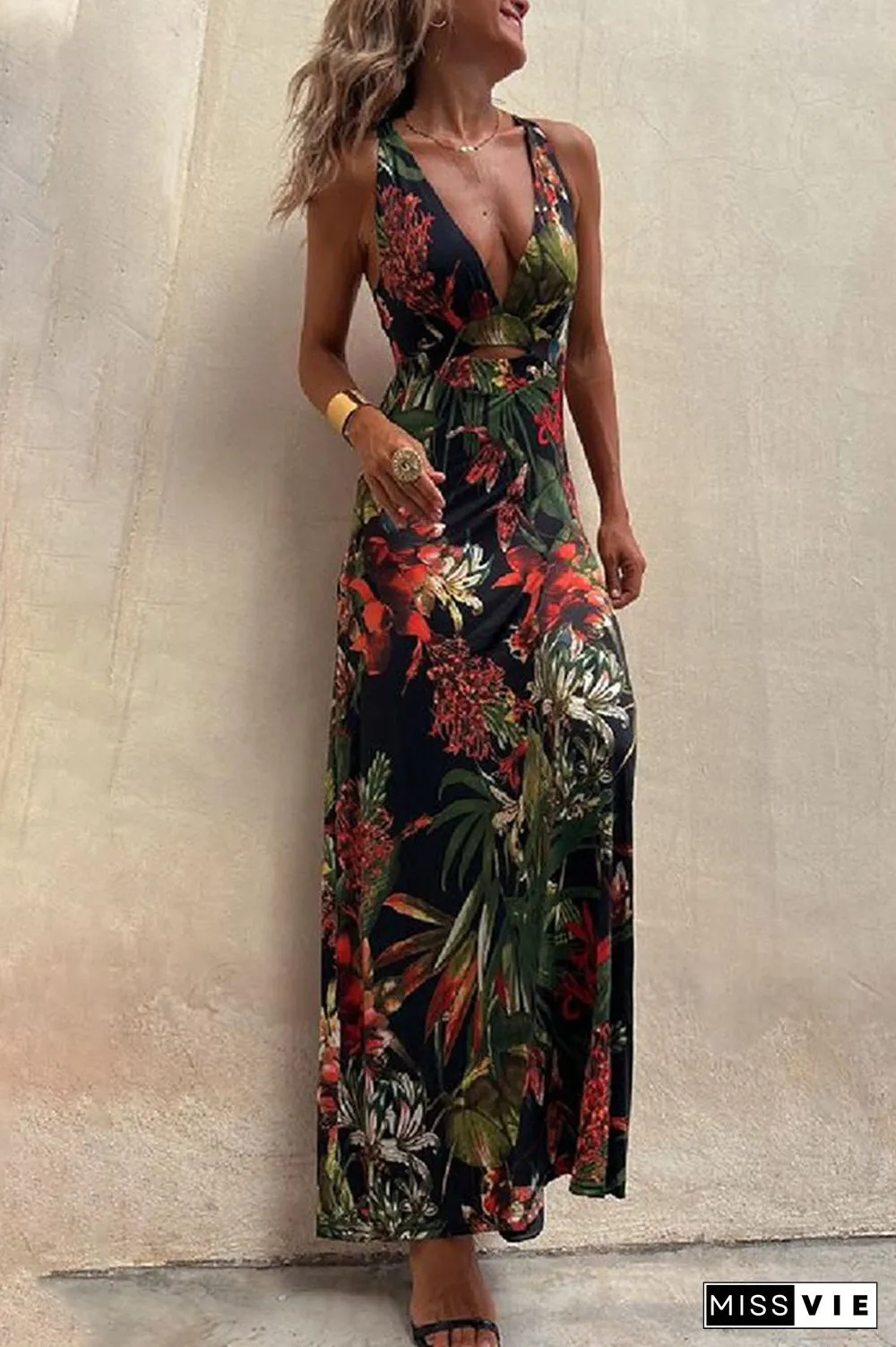 Sexy Vacation Floral Backless V Neck Printed Dress Dresses(3 Colors)