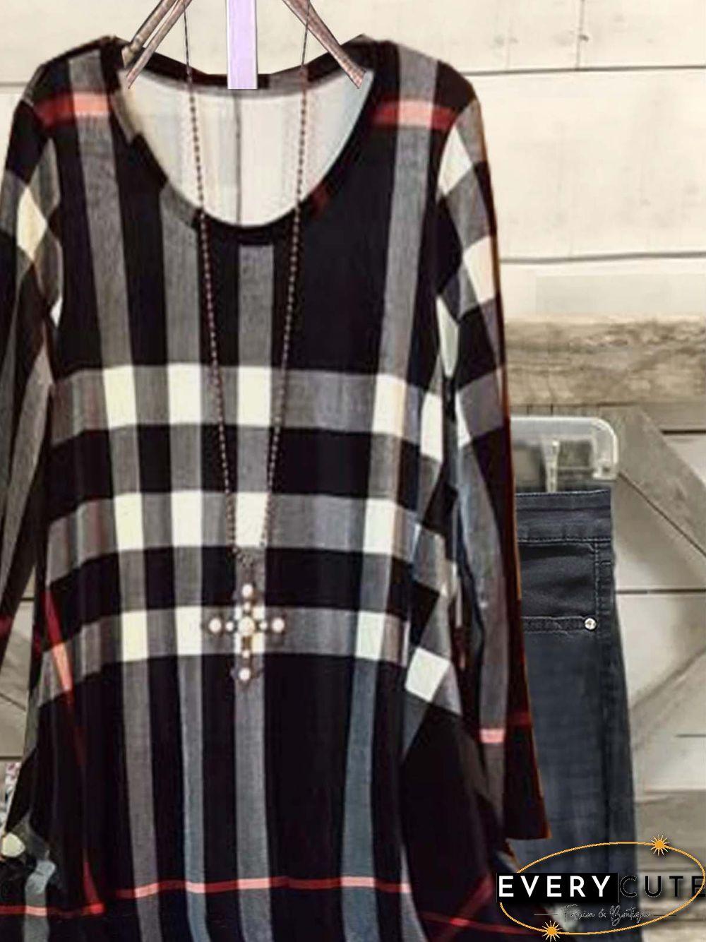 Long Sleeve Printed Cotton-blend Crew Neck Vintage Black Top